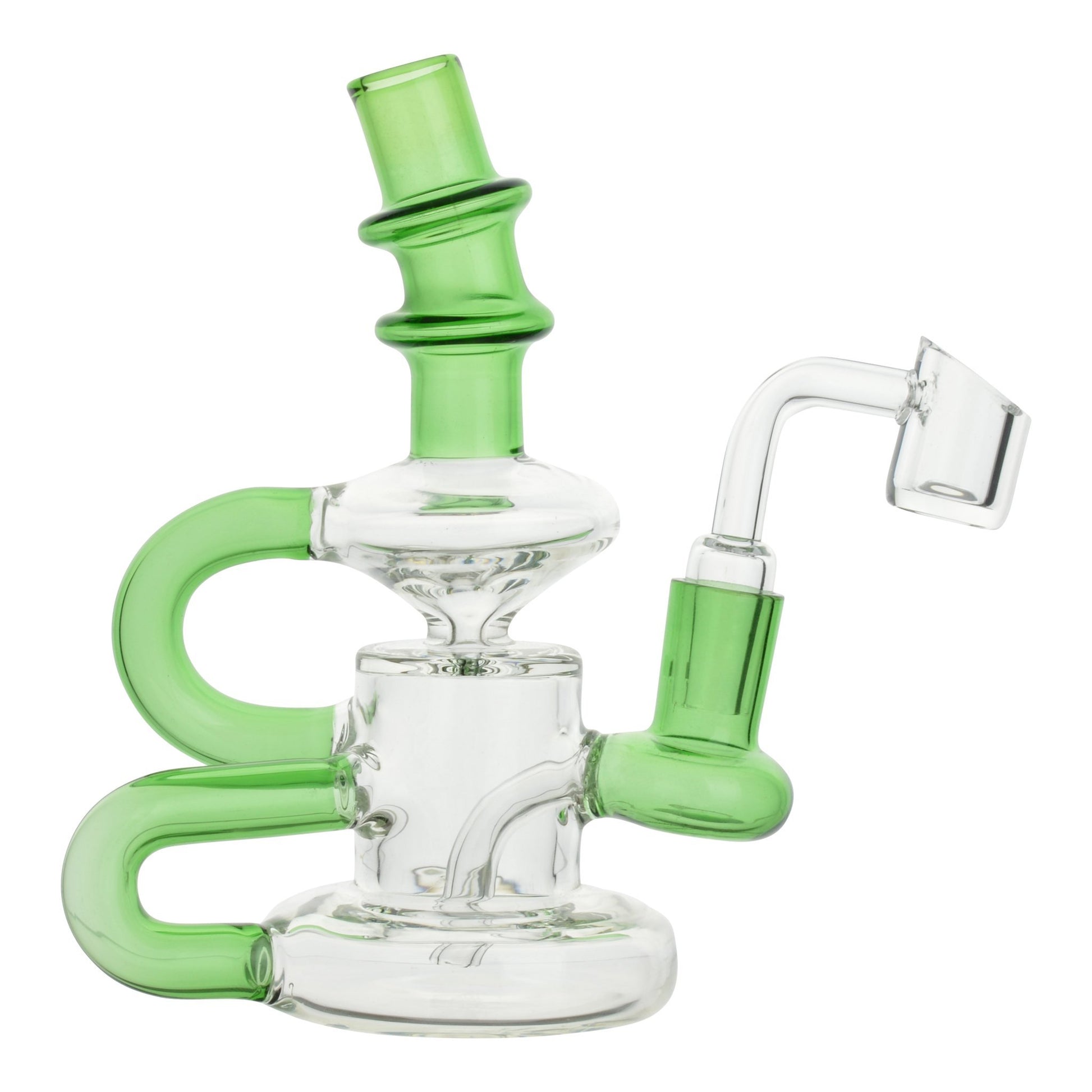 Full front shot of 6 inch glass dab rig green and clear colors mouthpiece facing left banger on the right spiral B shape
