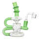 Full front shot of 6 inch glass dab rig green and clear colors mouthpiece facing left banger on the right spiral B shape