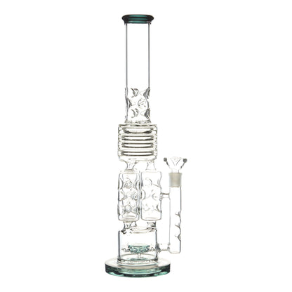 Full shot of 19 inch huge glass straight bong with teal accents multiple chamber bowl on right 