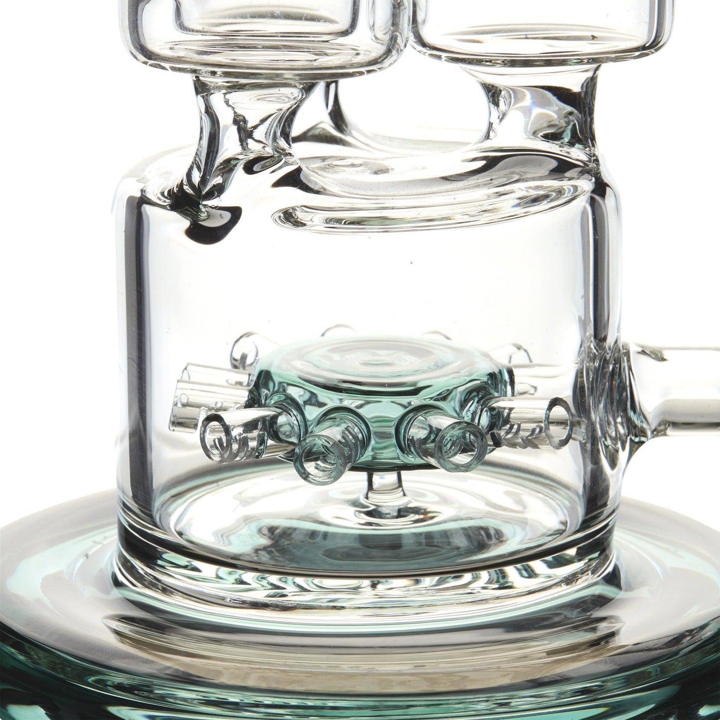 Close up shot of the teal-colored perc and half of base of 19 inch huge glass straight bong