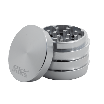 Silver 50-mm metal 4-piece grinder smoking accessory in metallic color sleek and edgy design