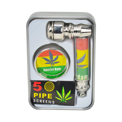 3-piece travel-friendly kit complete set of mini grinder, metal pipe, five screens in compact case with weed in rasta colors
