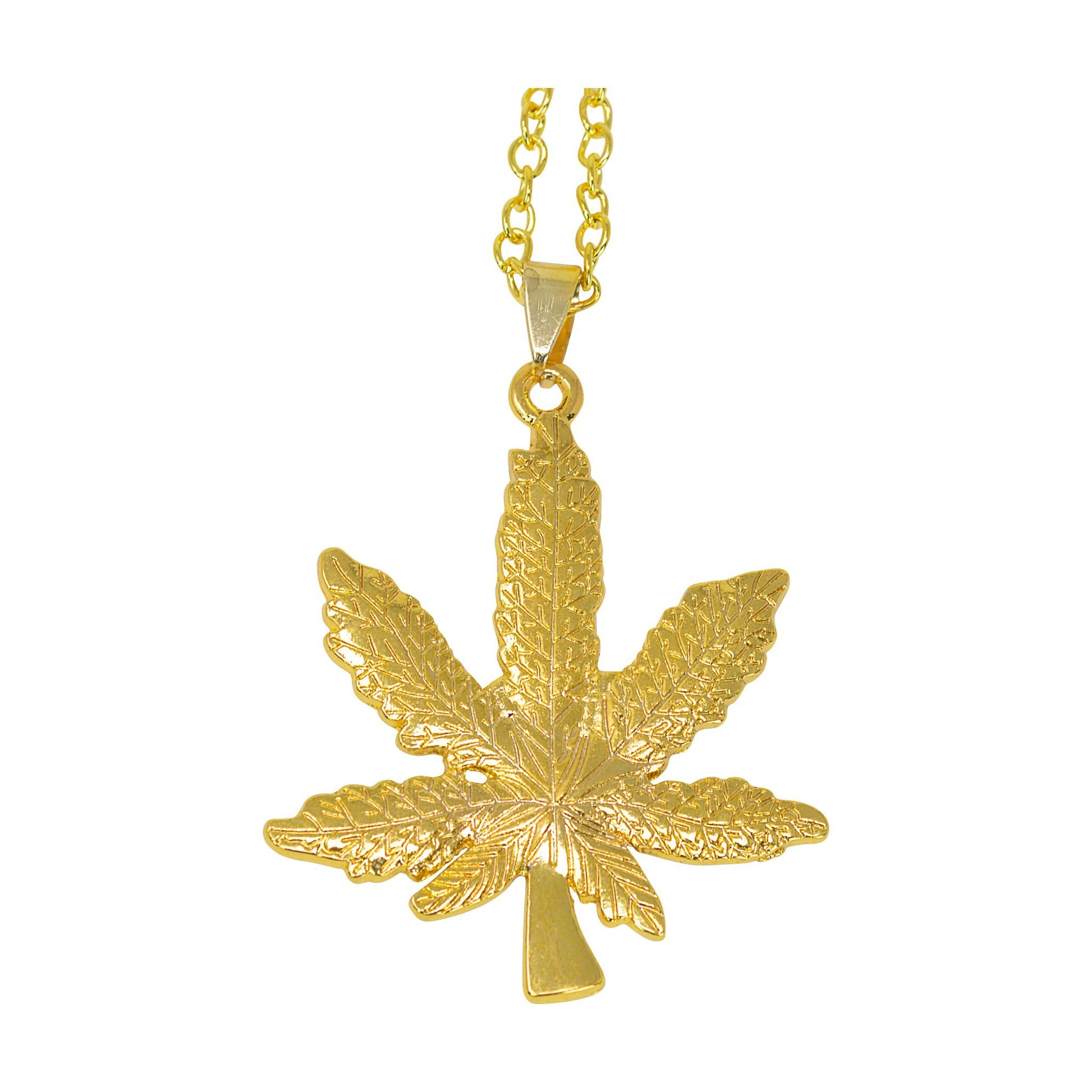 Gold stylish party necklace fashion item fashion accessory in a weed pot design with a chain and weed leaf pendant
