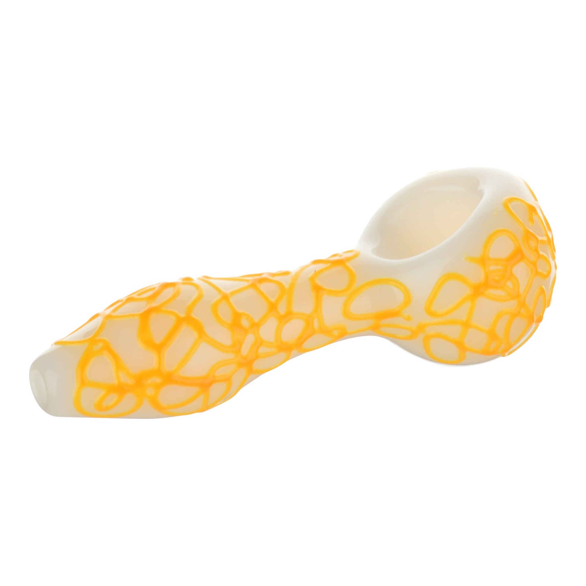 Full shot of 4-inch glass white pipe with yellow swirls white background bowl on right