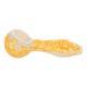 Full shot of 4-inch glass white pipe with yellow swirls white background bowl on left