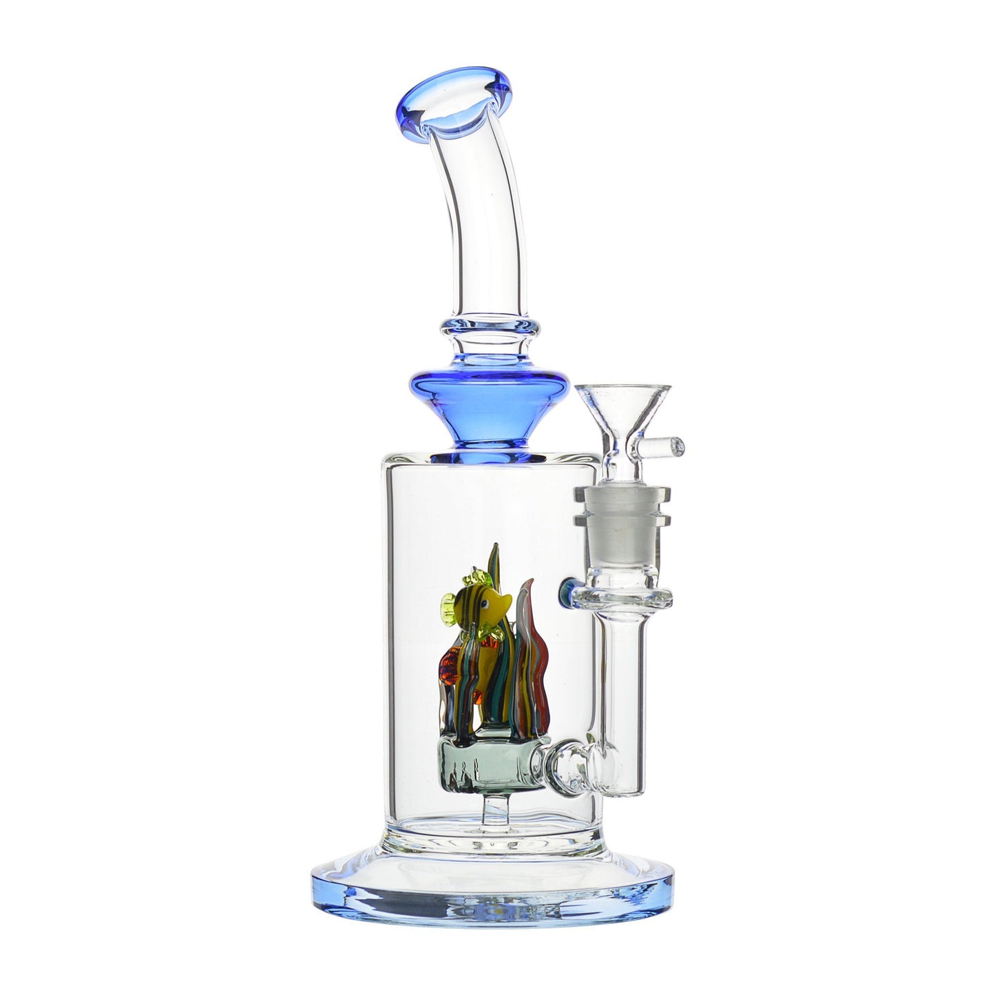 9.5-inch clear glass bong smoking device splash guards cone bowl with handle fish figures inside an aquarium look