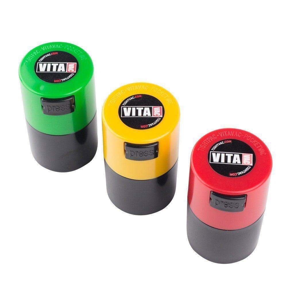 3 airtight Tightvac herb storage black body vacuum seal keep herbs fresh and moisture-free airtight label on colored lid