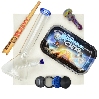 Space inspired set of colored tip beaker bong, colorful pipe, dr. zodiak moonrock rolling tray, grinder, RAW cone papers