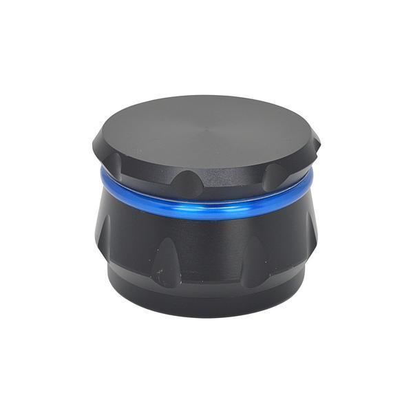 62-mm 4-part grinder smoking accessory with kiefcatcher and glossy blue and black exterior sleek design