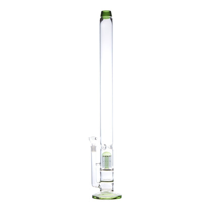 Full shot of 32 inch huge glass straight bong with green accents bowl on left
