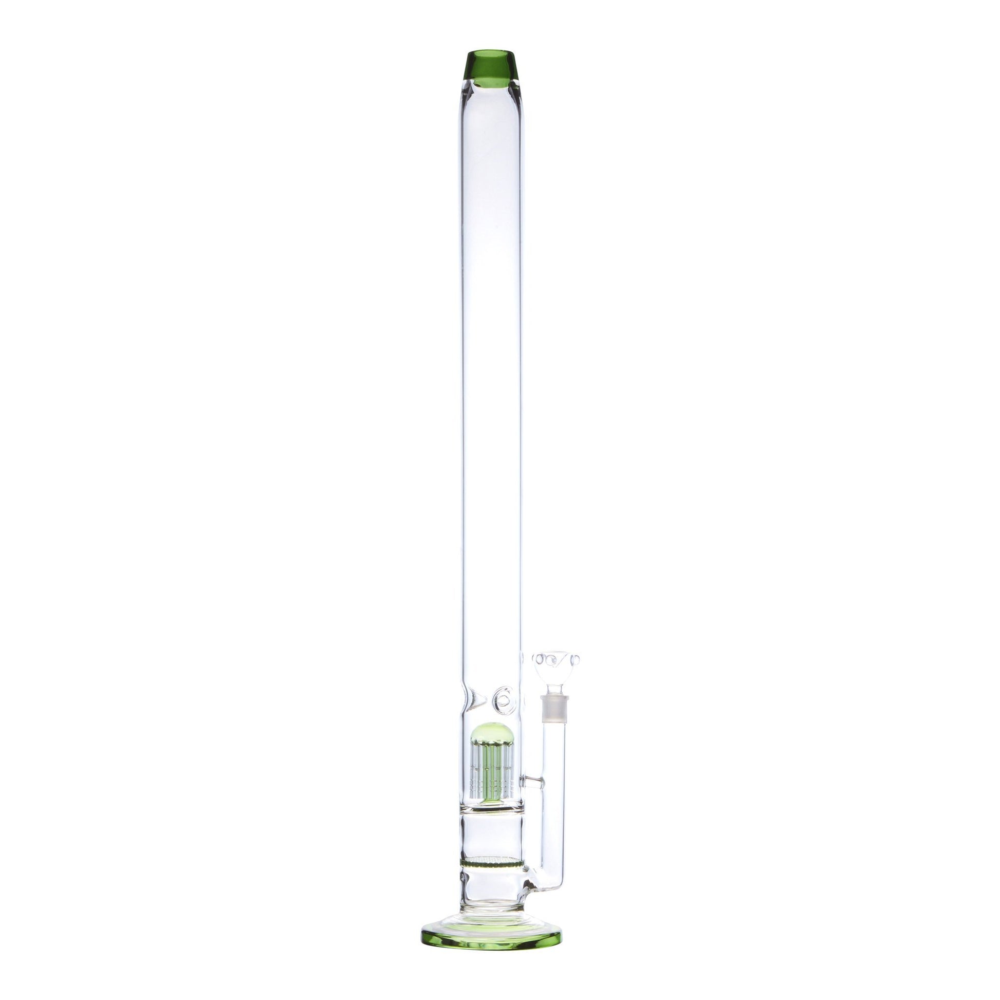 Full shot of 32 inch huge glass straight bong with green accents and bowl on right