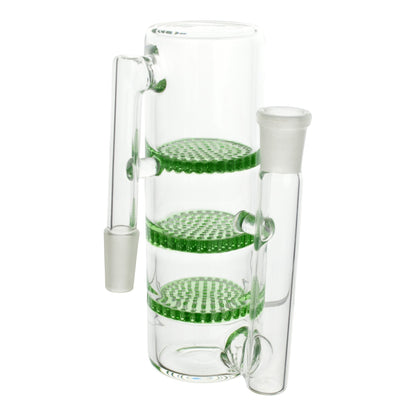 Full shot of tilted clear triple green honeycomb ashcatcher with joints on left and right